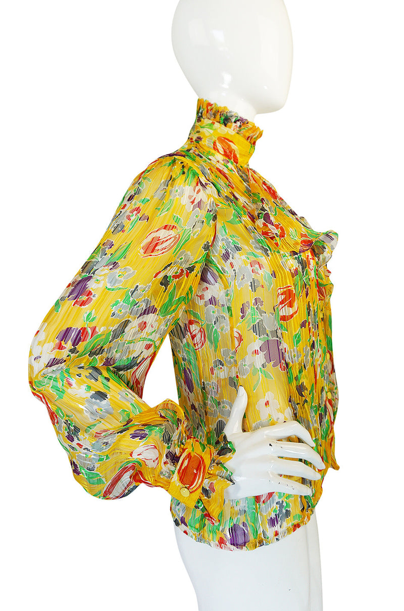 1981 Emanuel Ungaro Yellow Floral Printed Silk Ribbon Chiffon Ascot Top