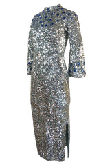 c.1967 Gene Shelly Blue Crystal & Silver Sequin Stretch Knit Dress