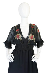 1970s Janice Wainwright Embroidered Chiffon Dress