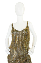 1980s Oleg Cassini Gold Beaded Spangle Fringe Dress