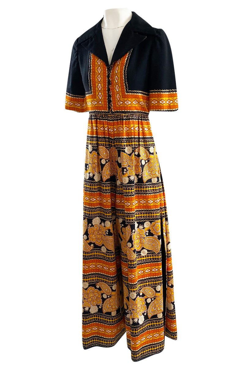 Late 1960s Oscar de la Renta Printed Orange & Black Jumpsuit w Extra Wide Side Slit Legs