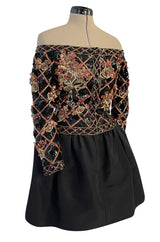 Elaborate 1987 John Anthony Couture Off Shoulder Mini Dress w Sequin Beading & Rosettes