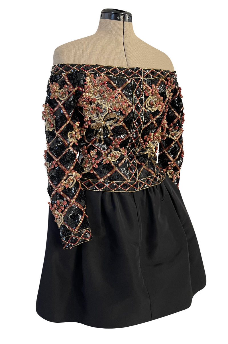 Elaborate 1987 John Anthony Couture Off Shoulder Mini Dress w Sequin Beading & Rosettes