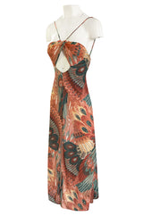 Documented 1976 John Kloss Feather Printed Front Cut Out Nylon Jersey Dress