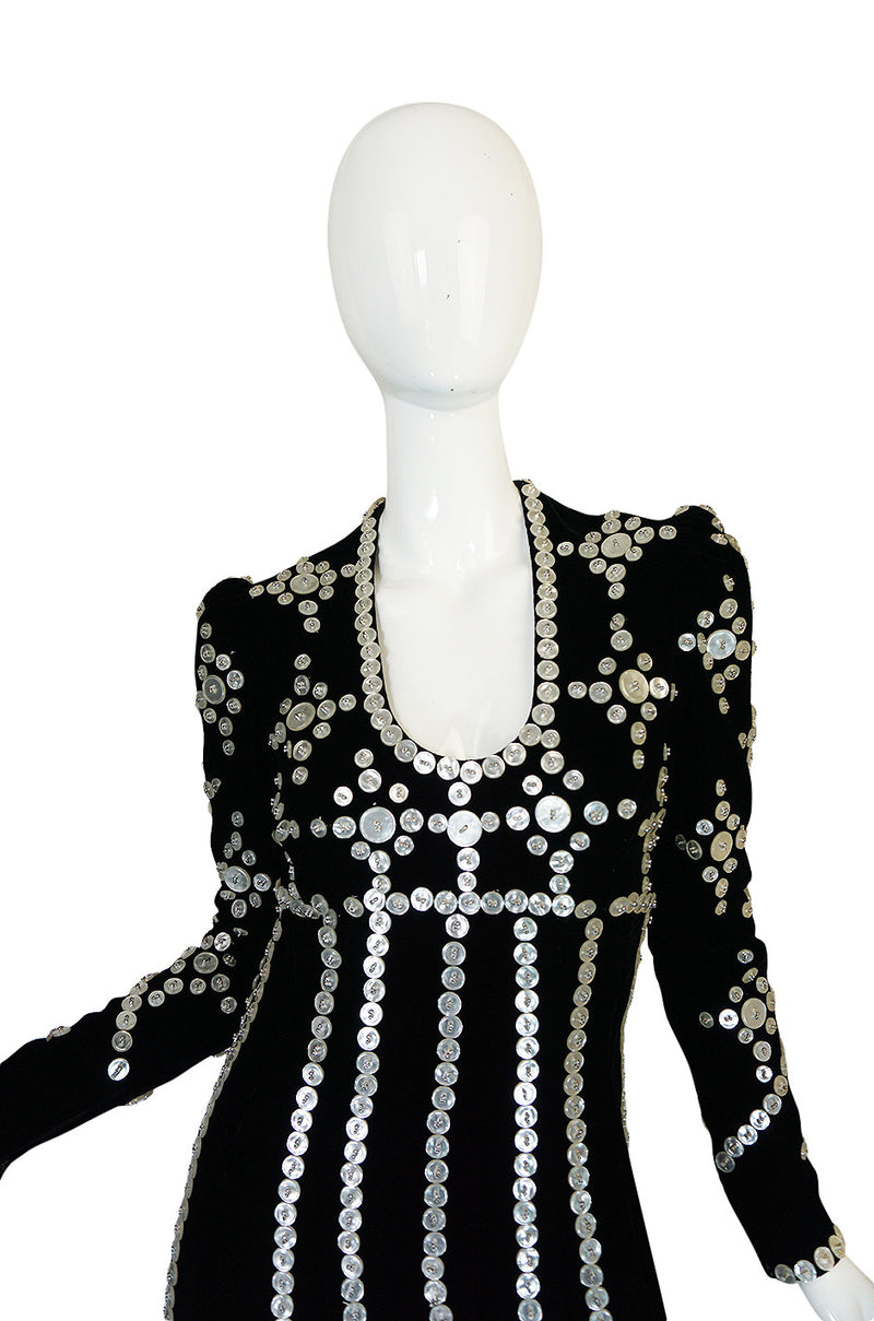 Remarkable 1960s Velvet & MOP Button Covered Dress