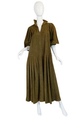 1970s Jean Muir Billowing Sleeve Perforated Olive Suede Dress