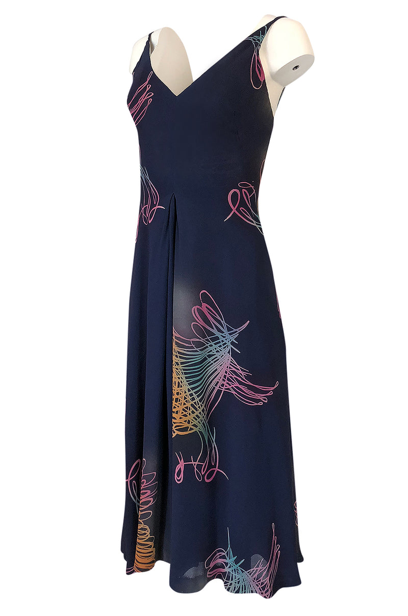 c.1977 Pauline Trigere Silk 'Fireworks' Print Halter Dress & Cape