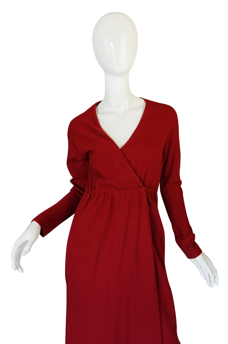 1970s Halston Deep Red Wool Jersey Wrap Dress
