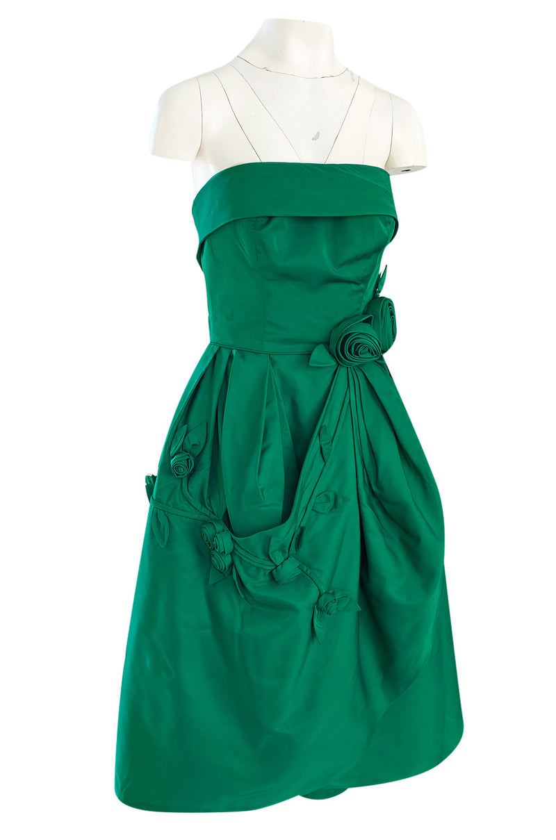 1950s Suzy Perette Emerald Green Strapless Full Skirted Dress w 3D Flower Detailing