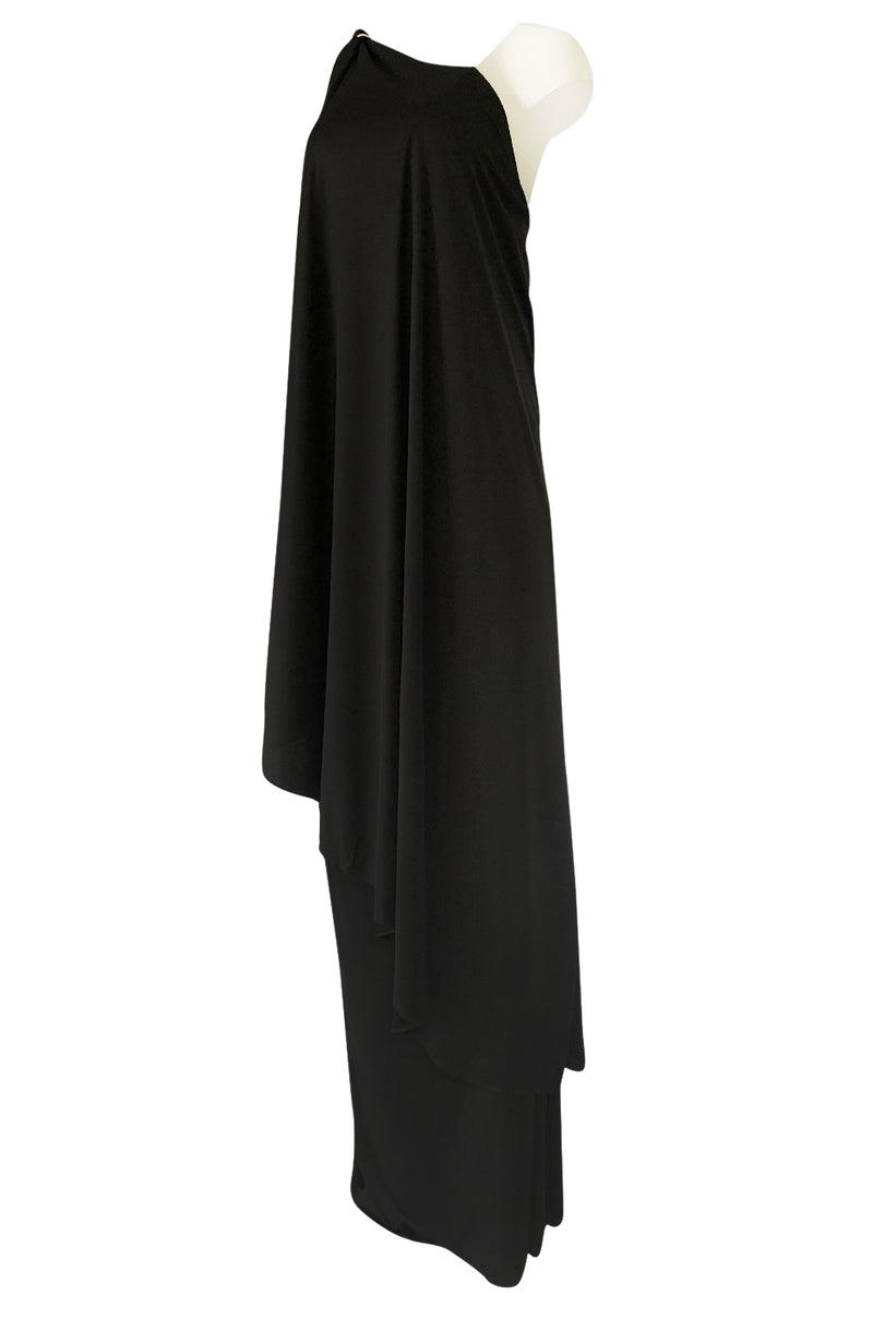 c.1981 Bill Tice Multiple Ways To Wear Black Jersey One Shoulder Dress