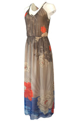 1970s Hanae Mori Sunrise & Large Floral Print Silk Chiffon Halter Dress