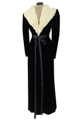 Exceptional 1920s I Magnin Inky Black Velvet Coat w Extravagant White Ermine Collar