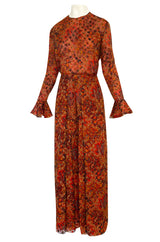 Late 1970s James Galanos Printed Rust & Coral Silk Chiffon Jumpsuit w Extra Wide Slit Pant Legs