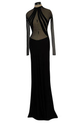 Spectacular 2005 John Anthony Couture Black Stretch Jersey Dress w Curved Netted Cut Outs