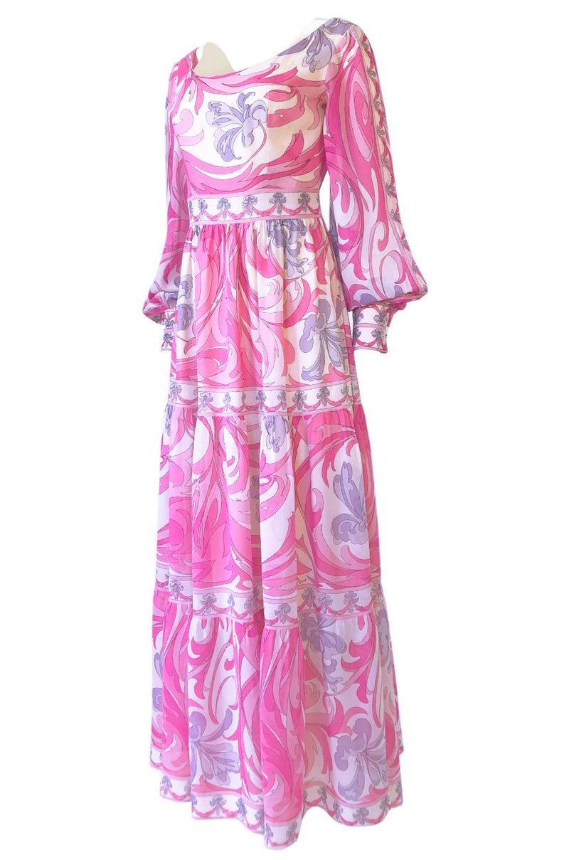 1960s Emilio Pucci Pretty Pink Print Silk Chiffon Tiered Skirted Maxi Dress