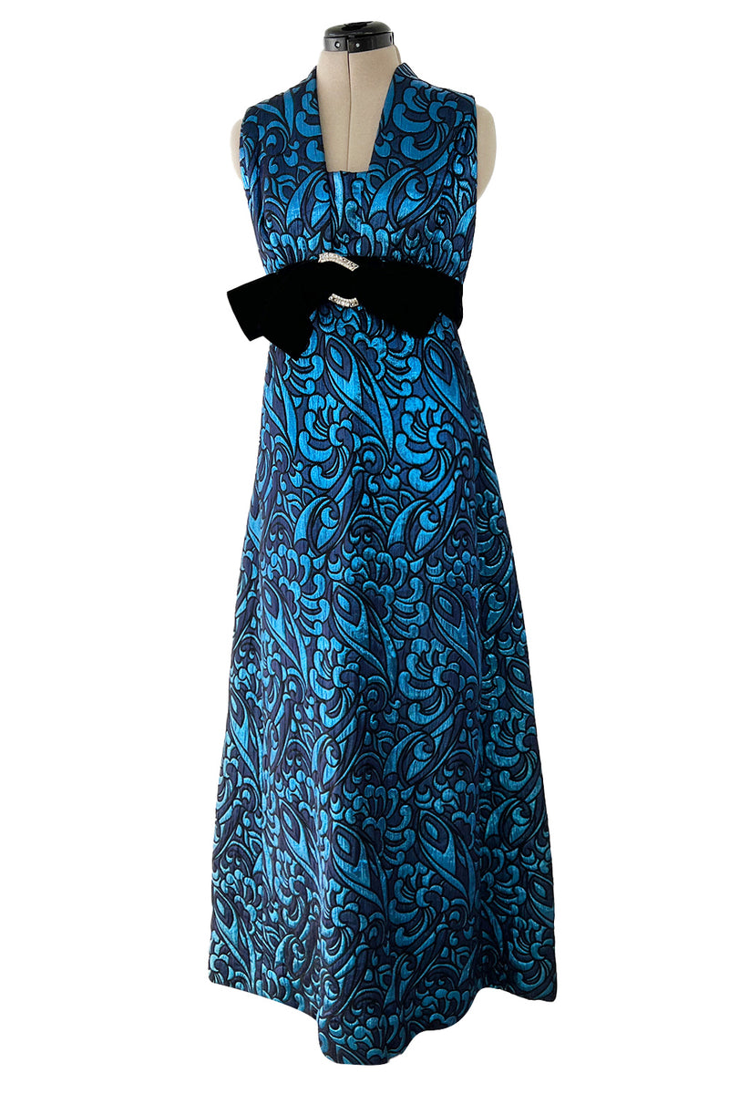 Late 1960s Lanvin by Jules-Francois Crahay Blue Metallic Silk Dress w Bow Detailing