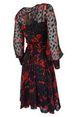 c.1976-77 Chanel True Haute Couture Red & Black Floral Print Silk Dress