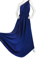 1970s Saks Youth Dimension Backless Jersey One Shoulder Blue Dress