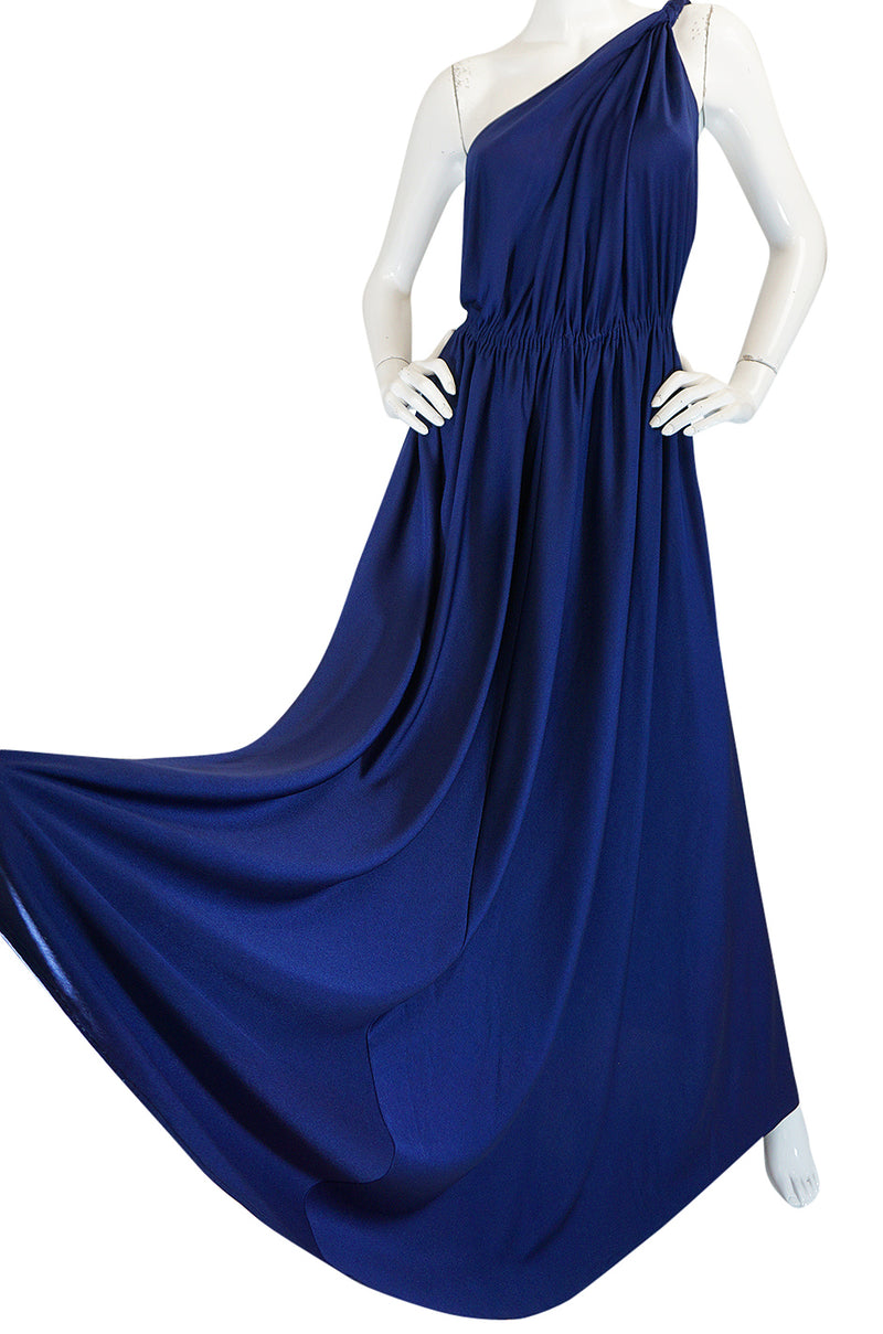 1970s Saks Youth Dimension Backless Jersey One Shoulder Blue Dress