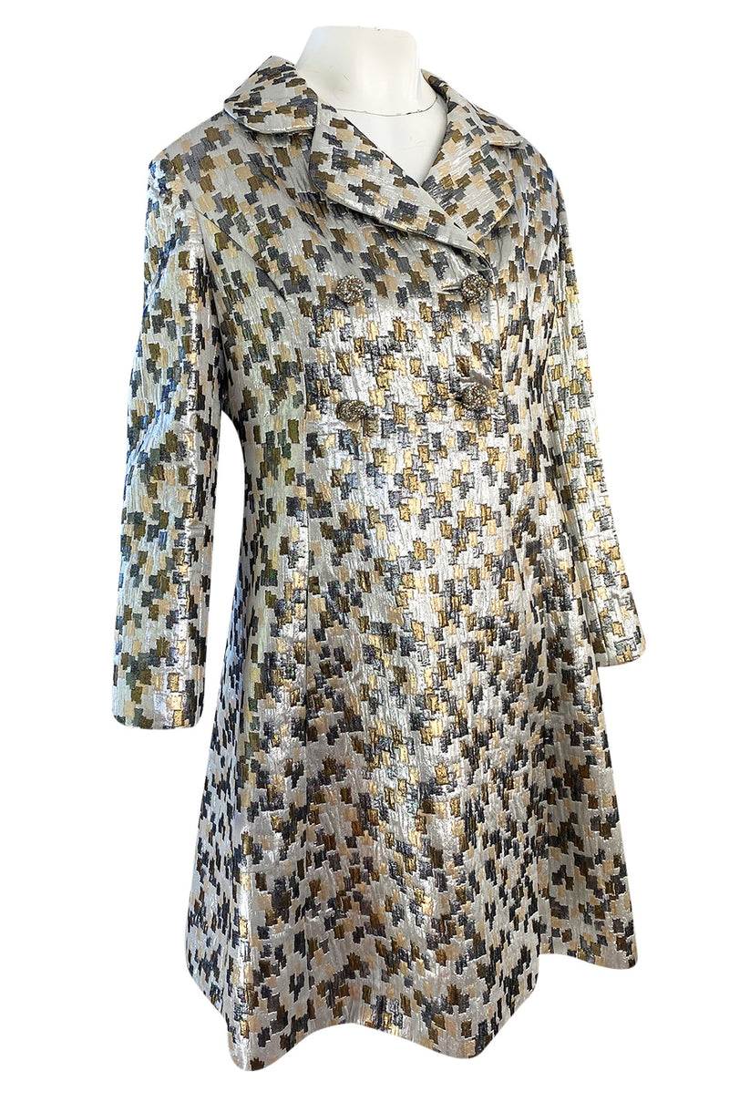 Early 1960s Ceil Chapman Gold & Silver Metallic Silk Brocade Coat w Crystal Buttons