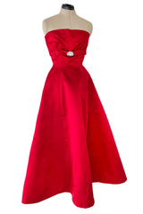 Late 1940s, Early 1950s Strapless Red Silk Satin Full Skirt Dress w Rhinestone Detailing