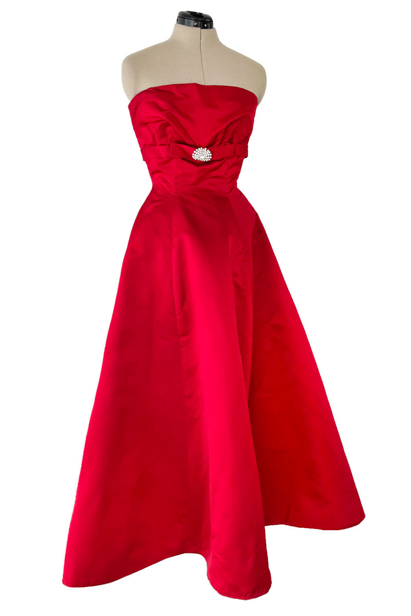 Late 1940s, Early 1950s Strapless Red Silk Satin Full Skirt Dress w Rh Shrimpton Couture Late 1940s, Early 1950s Strapless Red Silk Satin Full Skirt Dress w Rh Shrimpton Couture