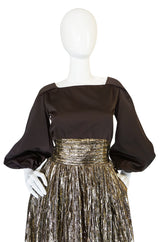 1970s Travilla Puffed Sleeve Silk & Gold Lame Gown