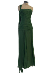 Spectacular Late 1970s Galanos Moss Green Silk Chiffon Car Wash Hem Dress w Draped Shoulder Panel