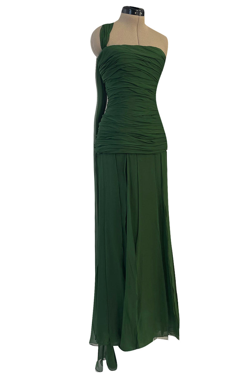 Spectacular Late 1970s Galanos Moss Green Silk Chiffon Car Wash Hem Dress w Draped Shoulder Panel