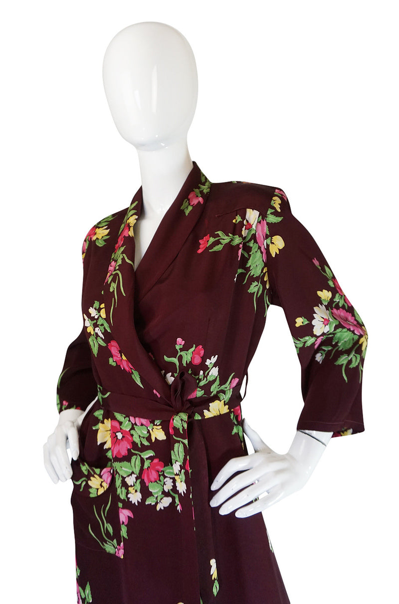 1940s Floral Rayon Wrapped & Belted Day Dress