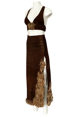 1960s North Beach Leather Suede & Feather Halter Top & Wrap Skirt Set
