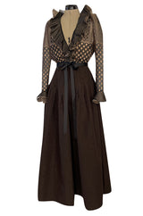 Incredible 1980s Unlabeled Haute Couture Silk Net & Brown Silk Taffeta Plunge Front Dress