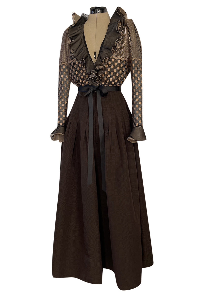 Incredible 1980s Unlabeled Haute Couture Silk Net & Brown Silk Taffeta Plunge Front Dress
