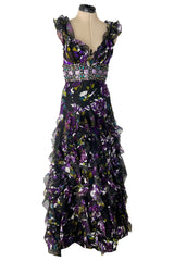 Prettiest Spring 2010 Oscar de la Renta Purple Silk Chiffon Ruffle Dress w Jewel Waistband