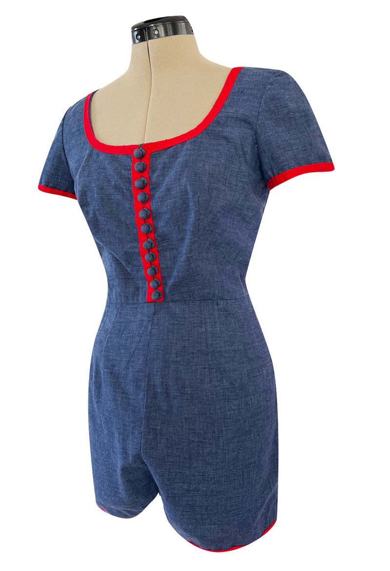 Cutest 1970s Oscar De La Renta Denim Look Cotton Playsuit w Red Braid Trim