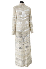 Iconic Spring 1981 Halston Fully Hand Beaded & Sequinned Silver & Ivory Silk Chiffon Dress