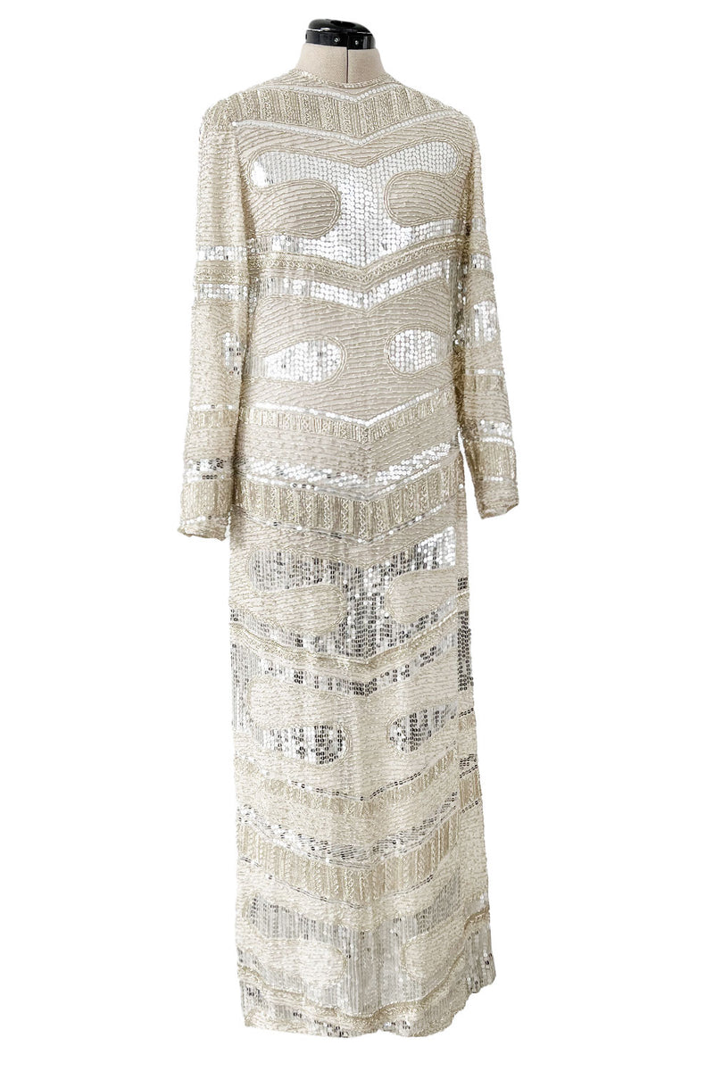 Iconic Spring 1981 Halston Fully Hand Beaded & Sequinned Silver & Ivory Silk Chiffon Dress