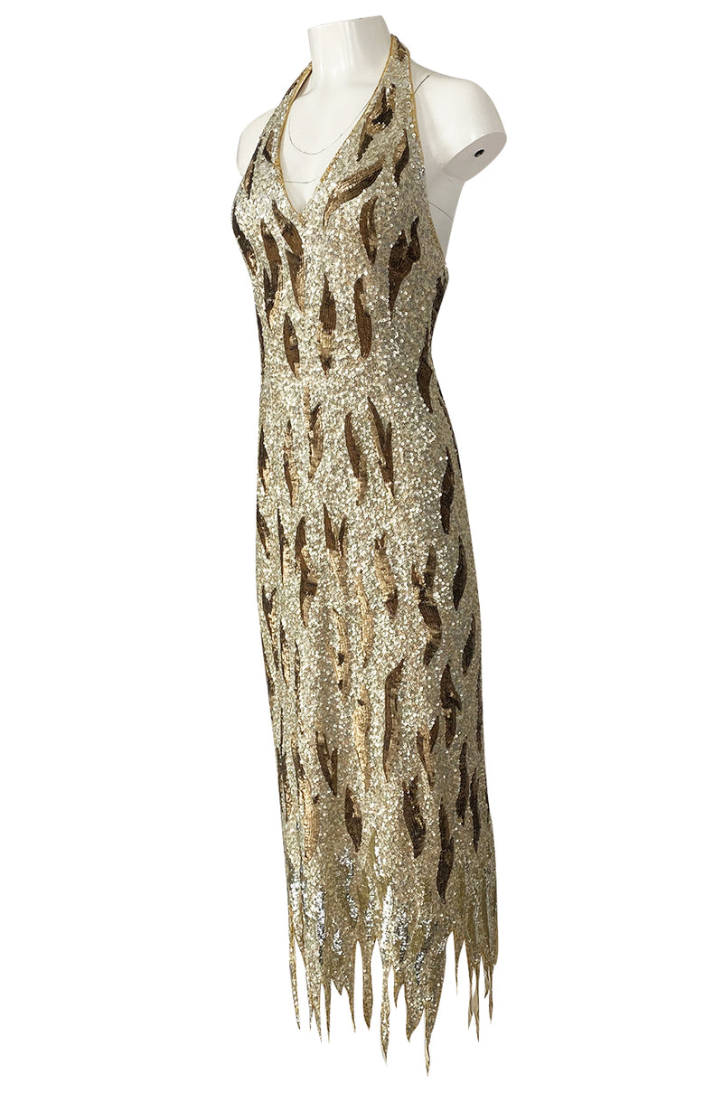 1970s Jean Louis Scherrer Gold & Copper Densely Sequinned Flame Dress