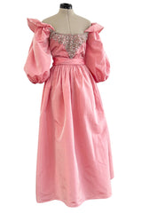 Prettiest 1960s Richiline Iridescent Pink Silk Dress w Pouf Sleeves & Rhinestone Details