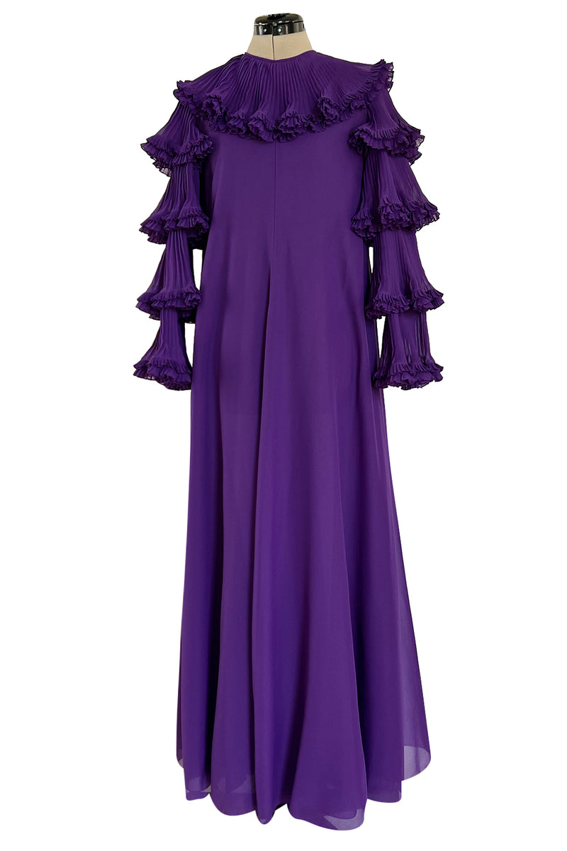 Unusual 1970s Miss Dior Purple Silk Chiffon Tiered & Pleated Sleeve Caftan Dress