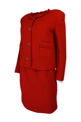 c1978-1985 Chanel Red Boucle Cropped Jacket & Skirt Suit