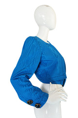 1980s Yves Saint Laurent Blue Moire Silk Jacket w Belt