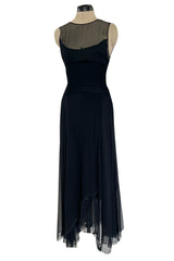 1980s Chanel by Karl Lagerfel Black Silk Chiffon Dress w Gold Button Detailing