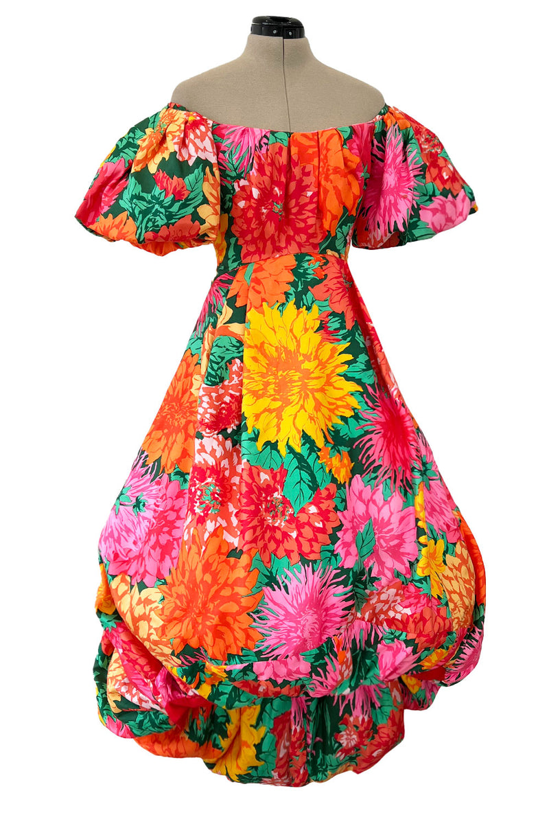 Brilliant Spring 1987 Arnold Scaasi Off Shoulder Silk Twill Floral Dress w Pouf Skirts