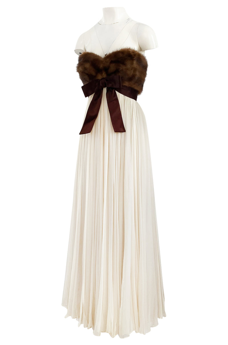 Documented 1963-64 Sarmi Ivory Silk Chiffon Dress w Strapless Natural Mink Bodice & Chocolate Silk Bow