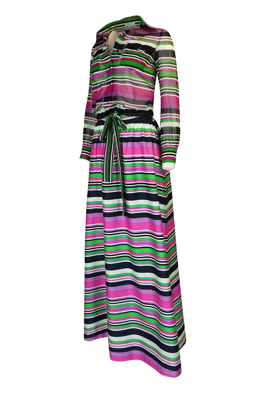 1970s Givenchy Vivid Pink Silk Striped Skirt & Top Dress Set 1970s Givenchy Vivid Pink Silk Striped Skirt & Top Dress Set