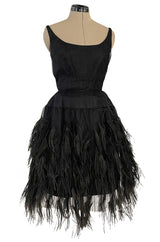 Fabulous Early 1960s Jean Louis Black Silk Chiffon Dress w Elaborate Feather Detailed Skirt