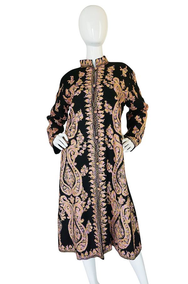 1960s Pastel Crewel Embroidered Detailing Black Jacket