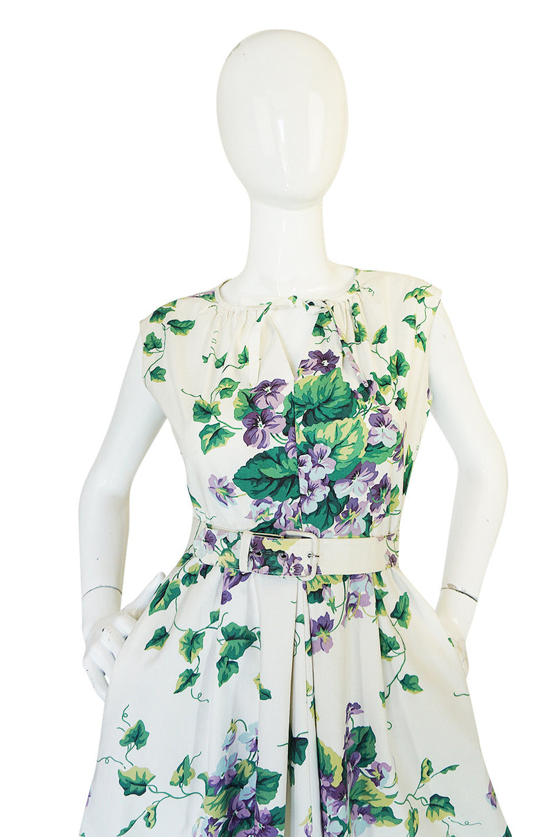 Beautiful 1950s Crisp Violet Print on a White Cotton Dress