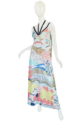 1970s Lanvin Pastel Scenic Printed Jersey Maxi Dress